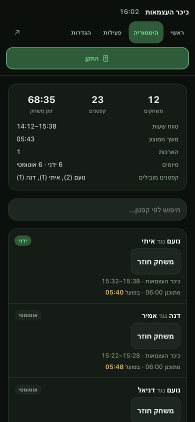 מסך ההיסטוריה באפליקציית המנהל עם 12 משחקים, 23 קפטנים ו־68 דקות ו־35 שניות של זמן משחק בדוגמה המקומית